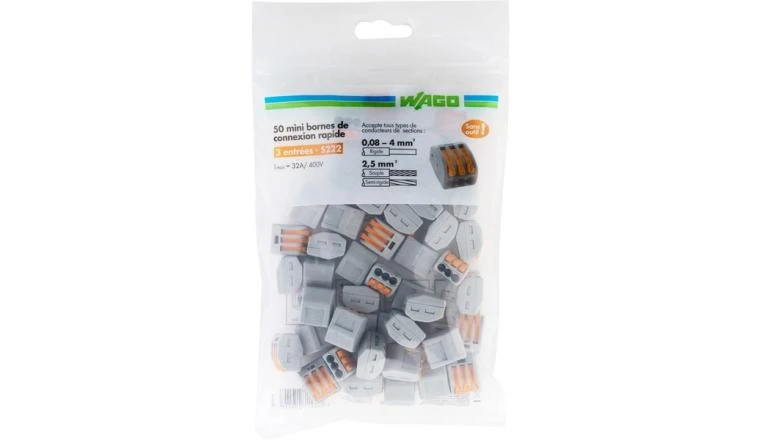 Borne Wago 3 fils 0,8 - 4mm² fils soupes et rigides x50