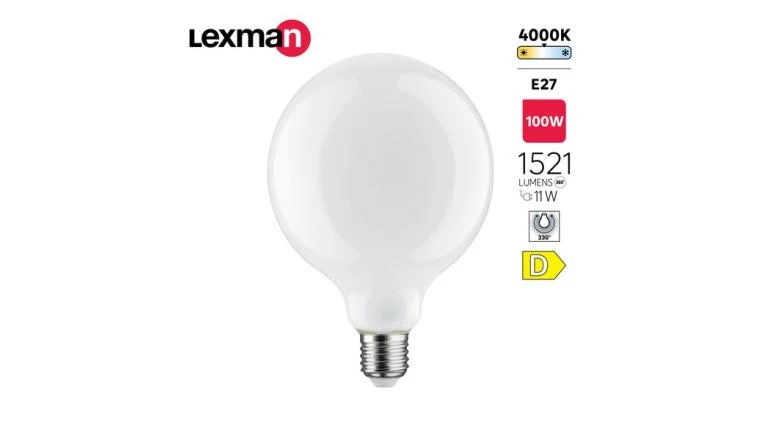 AMPOULE LED GLOBE 125MM VERRE E27 11W 100W 1521LM DEPOLIE 4000K LEXMAN