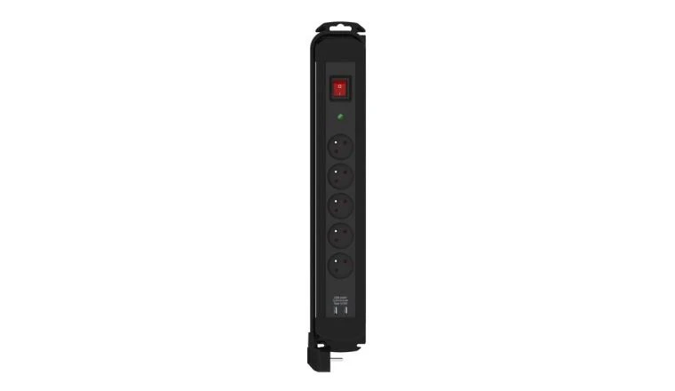 Bloc 5 Prises 2 P+T Aluminium et Noir Avec Interrupteur et Protection surtension