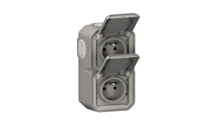 Double prise 16A verticale en saille plexo gris Legrand