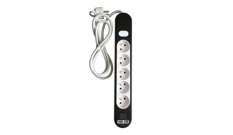 BLOC 5P INTERRUPTEUR USB 1.5M. BLANC/NOIR                             