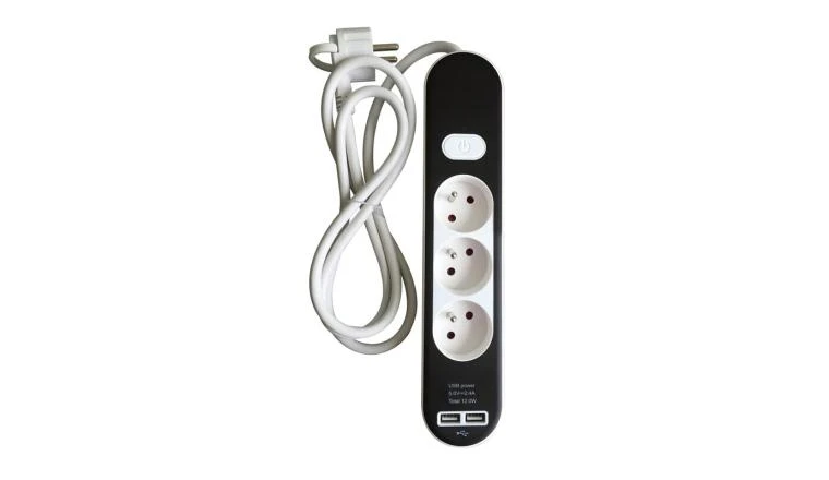 BLOC 3PRISES INTERRUPTEUR USB 1.5M. BLANC/NOIR                        