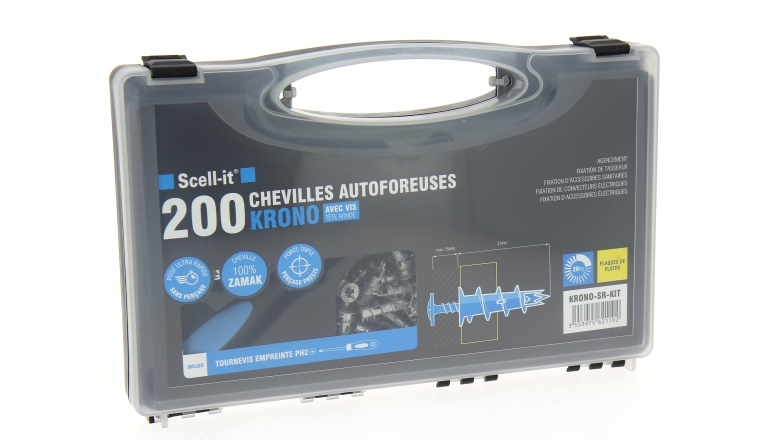 Coffret de 200 Chevilles Autoperceuses Krono Zinc 31 mm A Visser Avec Tournevis PH2 SCELL-IT