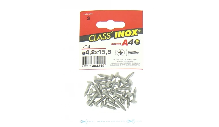 Sachet de 24 Vis tôle en Inox A4 Tête Cylindrique Ø 4.2 x 15.9 mm