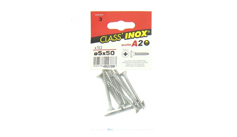 Sachet de 10 Vis Bois Aggloméré en Inox A2 à Tête Fraisée Ø 5 x 50 mm