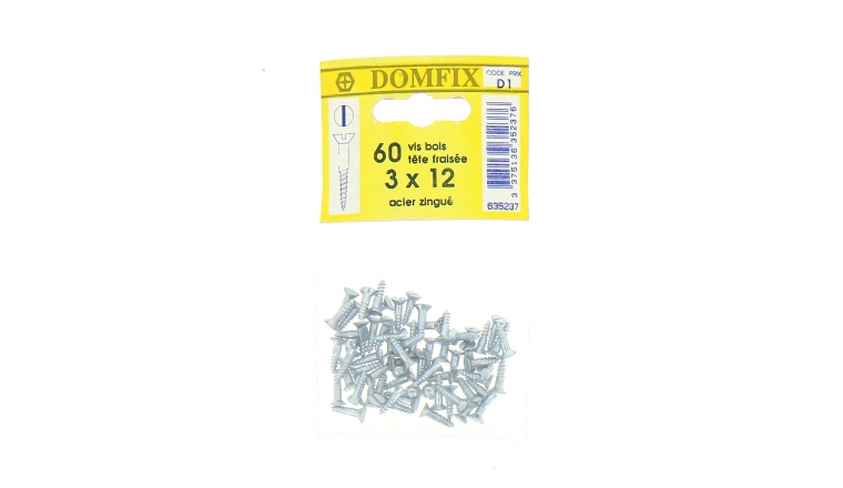 Sachet de 60 Vis à Bois en Acier Zingué à Tête Fraisée Ø 3 x 12 mm