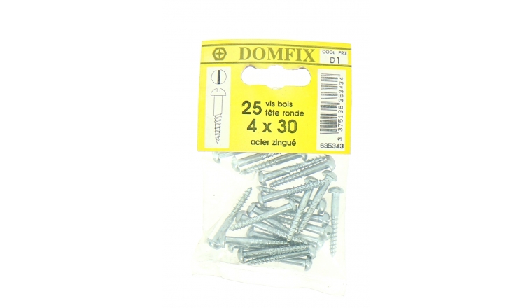 Sachet de 25 Vis à Bois en Acier Zingué à Tête Ronde Ø 4 x 30 mm