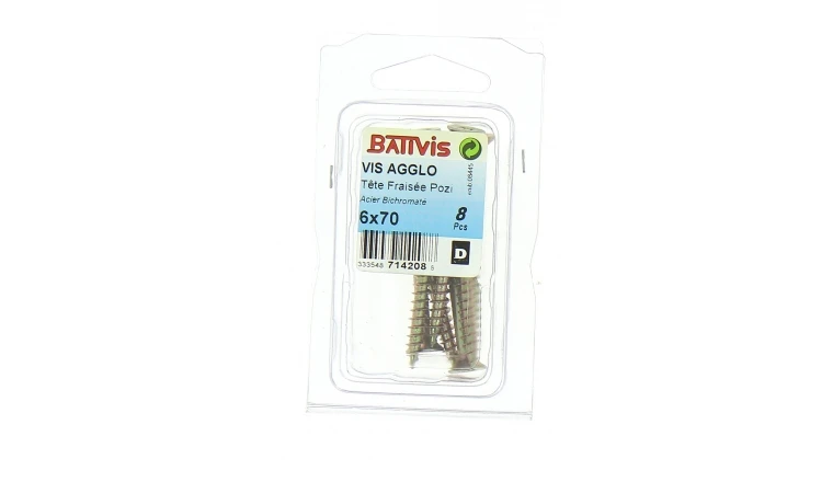 Boîte de 8 Vis à Bois Aggloméré en Acier Bichromaté à Tête Fraisée Ø 6 x 70 mm