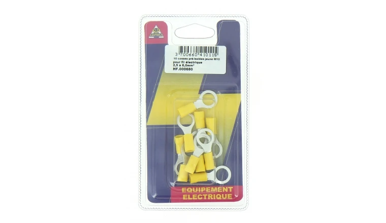 Lot de 10 Cosses à Sertir Ronde Ø 10 mm Pré-isolées Jaune pour Fil de 2.5 à 6 mm² Ref HF000680 - Casteels