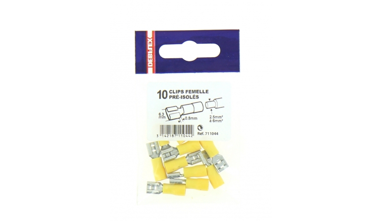 Lot de 10 Clips à Sertir Femelle Pré-isolés Jaune pour Fil de 2.5 à 6 mm² Ref 711044 - Debflex