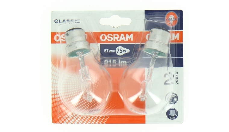 Lot de 2 Ampoules Halogène B22d Standard 75 W CLASSIC - OSRAM
