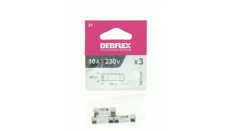 Lot de 3 Fusibles Céramique 10A - 230V - 8.5 x 23 mm - Ref 715286 - DEBFLEX