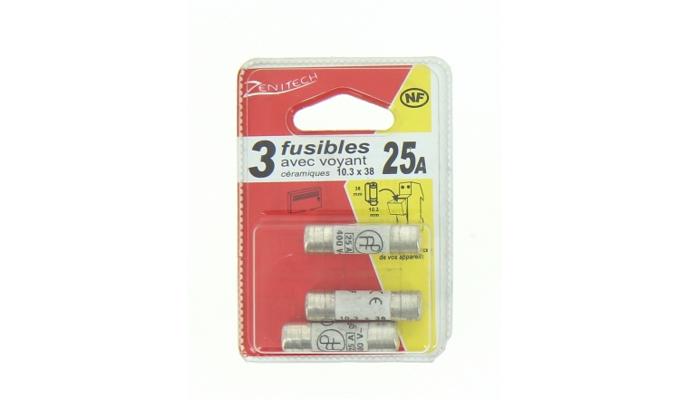 Lot de 3 Fusibles Céramique 25A - 400V - 10.5 x 38 mm