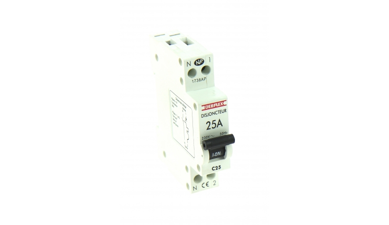 Disjoncteur à Phase Neutre 25A  230V - 84 x 66 x 18 mm - Ref 707052 - DEBFLEX