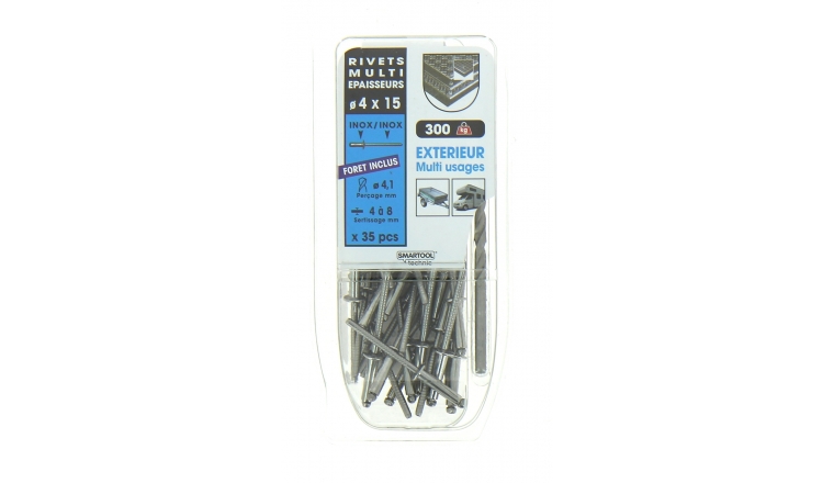 Lot de 35 Rivets Aveugles Inox Multi Epaisseurs Ø 4.0 x 15 mm - Ref 864012 - Smartool