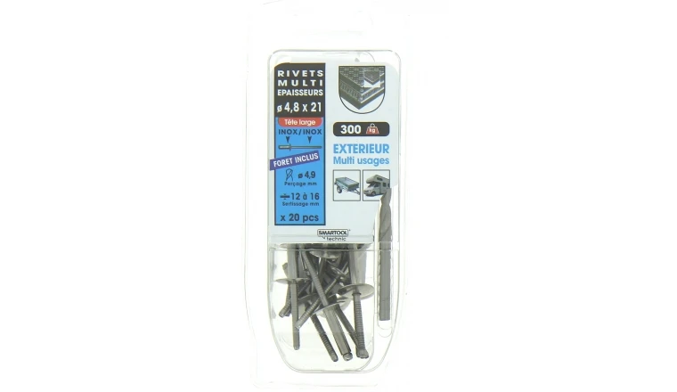 Lot de 20 Rivets Aveugles Inox Multi Epaisseurs Ø 4.8 x 21 mm - Ref 864082 - Smartool 