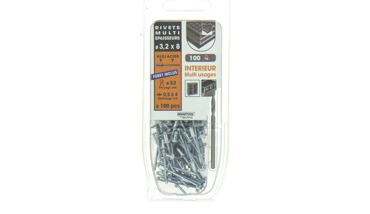 Lot de 100 Rivets Aveugles Aluminium / Acier Multi Epaisseurs Ø 3.2 x 8 mm - Ref 864302 - Smartool