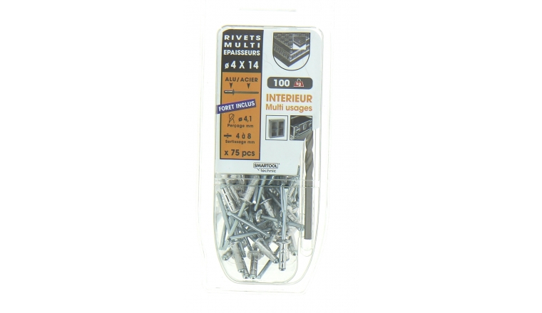 Lot de 75 Rivets Aveugles Aluminium / Acier Multi Epaisseurs Ø 4.0 x 14 mm - Ref 864312 - Smartool