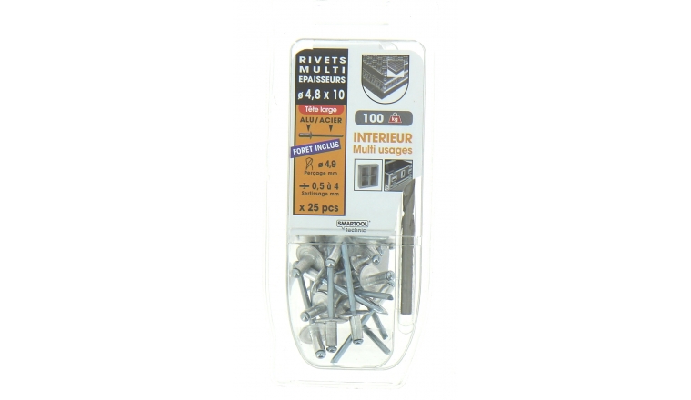 Lot de 25 Rivets Aveugles Aluminium / Acier Multi Epaisseurs Ø 4.8 x 10 mm - Ref 864352 - Smartool