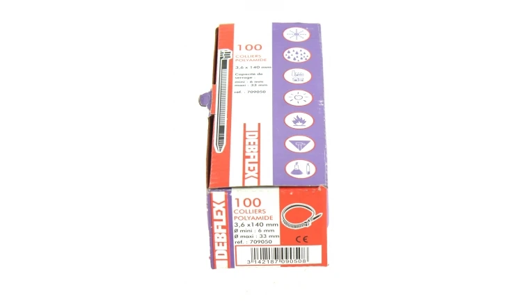 Boîte de 100 Colliers Rilsan Blanc - Largeur 3.6 mm - Longueur 140 mm - Ref 709050 - Debflex