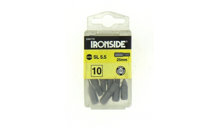 Boîte de 10 Embouts de Vissage 1/4" Fente 5.5 x 25 mm - Ref 244174 - Ironside