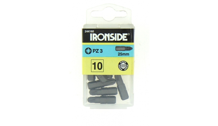 Boîte de 10 Embouts de Vissage 1/4" PZ 3 x 25 mm - Ref 244160 - Ironside