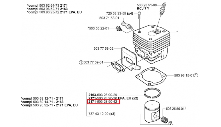 Segment de Piston pour Tronçonneuse CS2163, CS2171, 362 ... - Ref 503 28 90-42 - Husqvarna