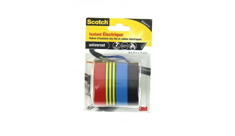 Lot de 4 Rubans Adhésif Isolant Noir, Bleu, Ver/Jaune et Rouge 10 m x 15 mm - 3M