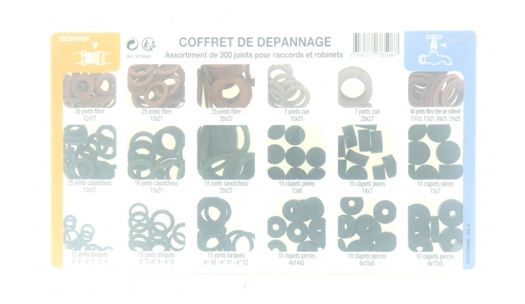 Coffret de 300 Joints Fibres, caoutchouc, toriques et clapets pleins et percés