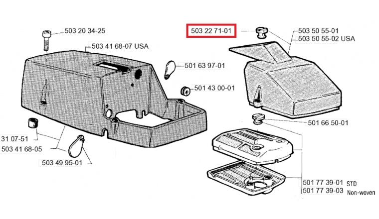 Ecrou de Capot de Filtre à air Tronçonneuse 630, 625 670 - Ref 503 22 71 01 - Husqvarna